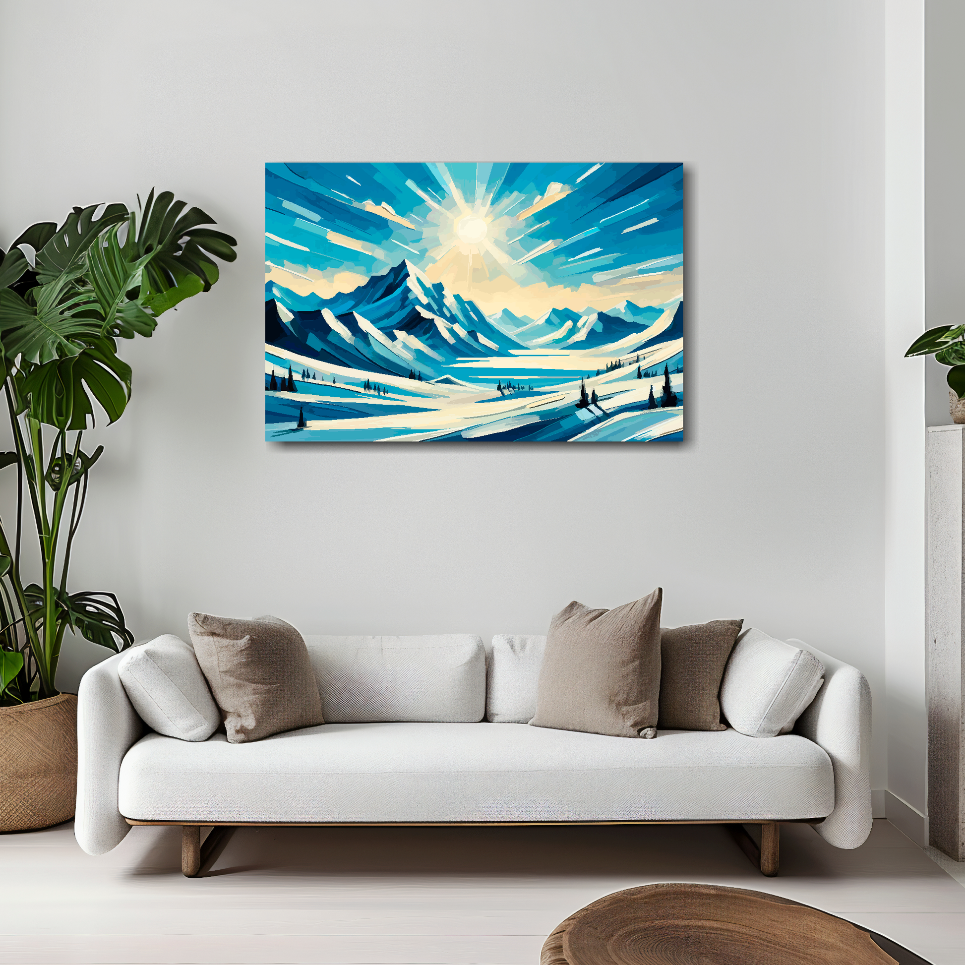 30 inch by 20 inch canvas print featuring a snow covered mountain scene. Mounted on a white wall above a white sofa with decorative pillows.