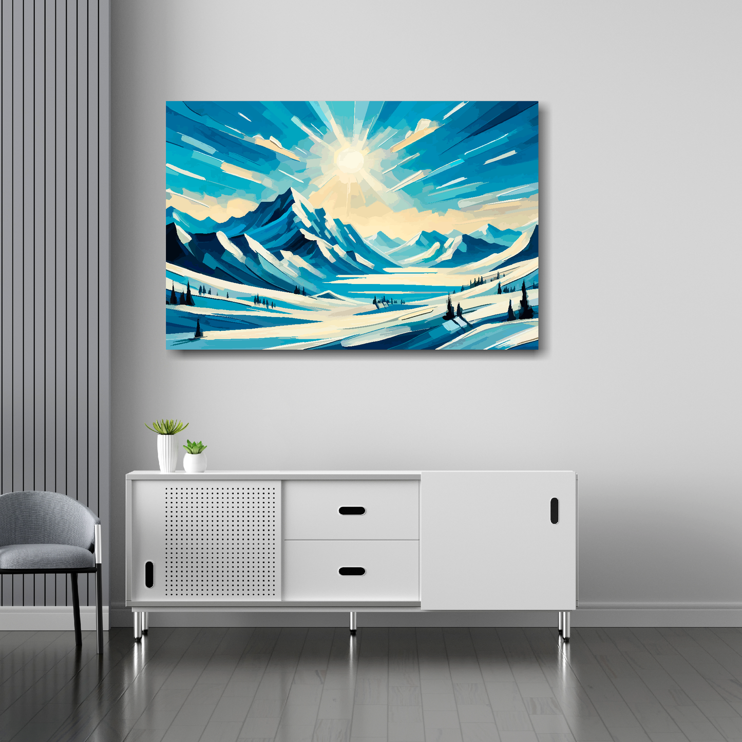 36 inch by 24 inch canvas print featuring a snow covered mountain scene. Mounted on a white wall above a white sideboard.