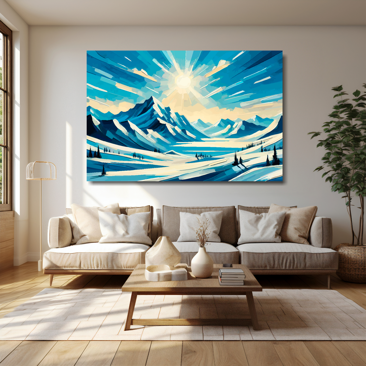 60 inch by 40 inch canvas print featuring a snow covered mountain scene. Mounted on a cream wall above a cream sofa with decorative pillows.