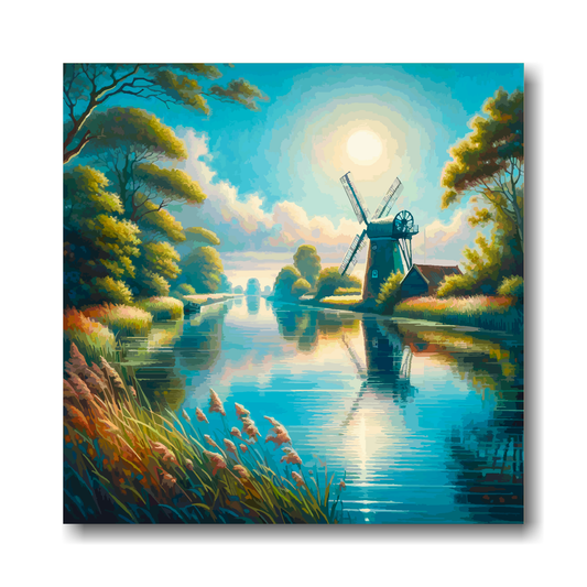 Painting of a windmill by a river with trees and a bright sun.