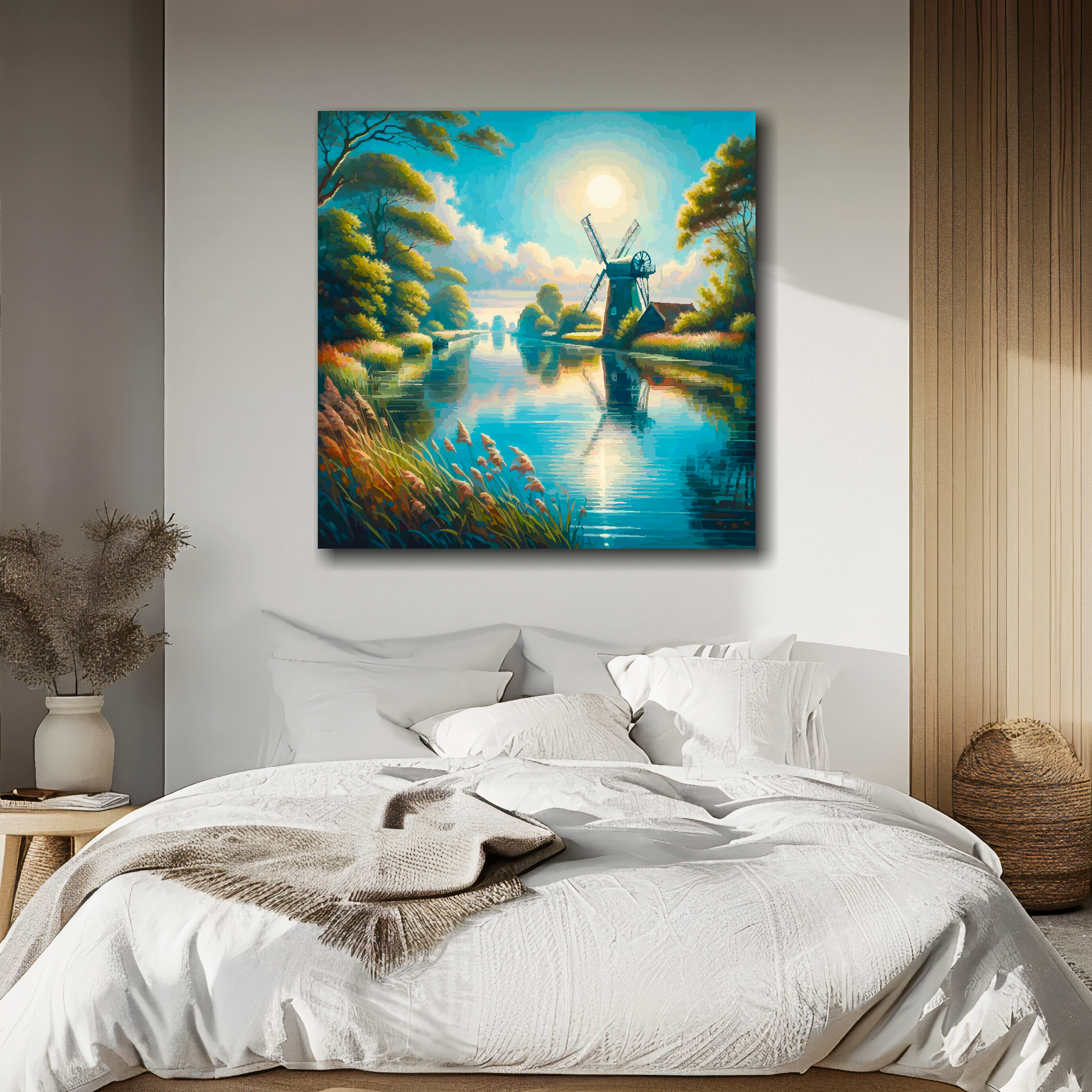 Big canvas mounted on a white bedroom wall above a bed. Featuring an abstract painting of a windmill on the Norfolk broads.