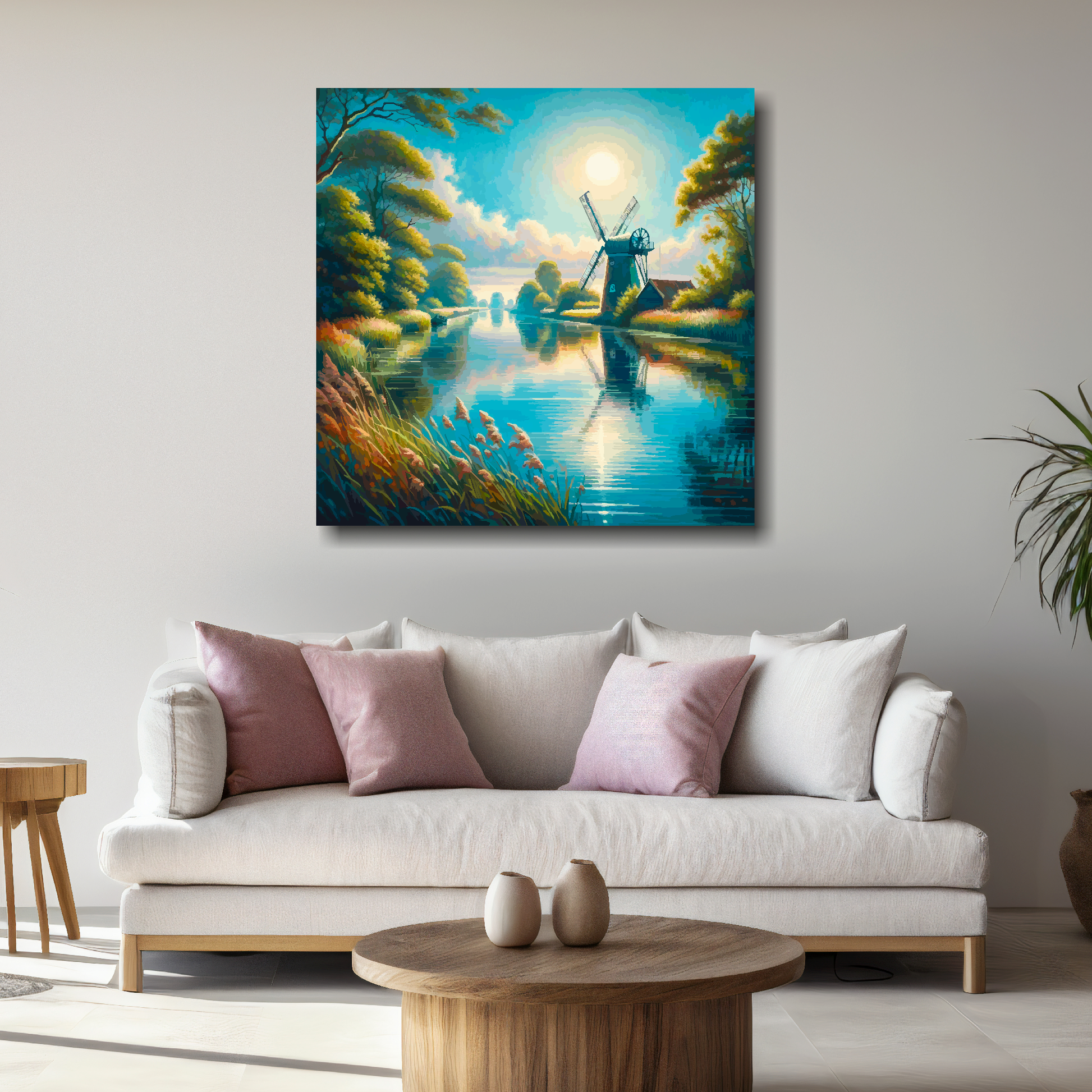 Large canvas mounted on a white living room wall above a white sofa. Featuring an abstract painting of a windmill on the Norfolk broads.