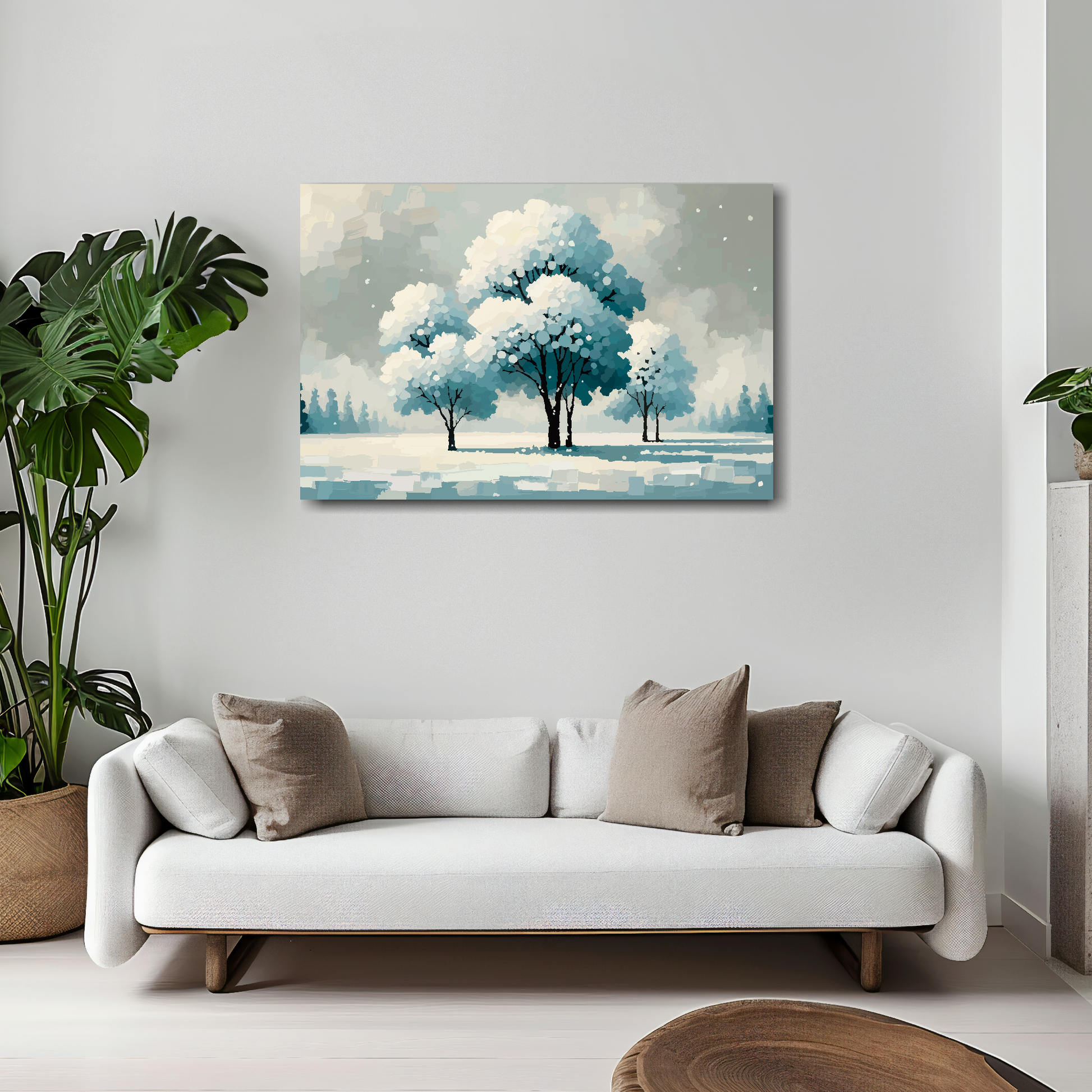 30 inch by 20 inch canvas featuring a winter landscape with snow covered trees. Mounted on a white wall above a white sofa with decorative pillows.
