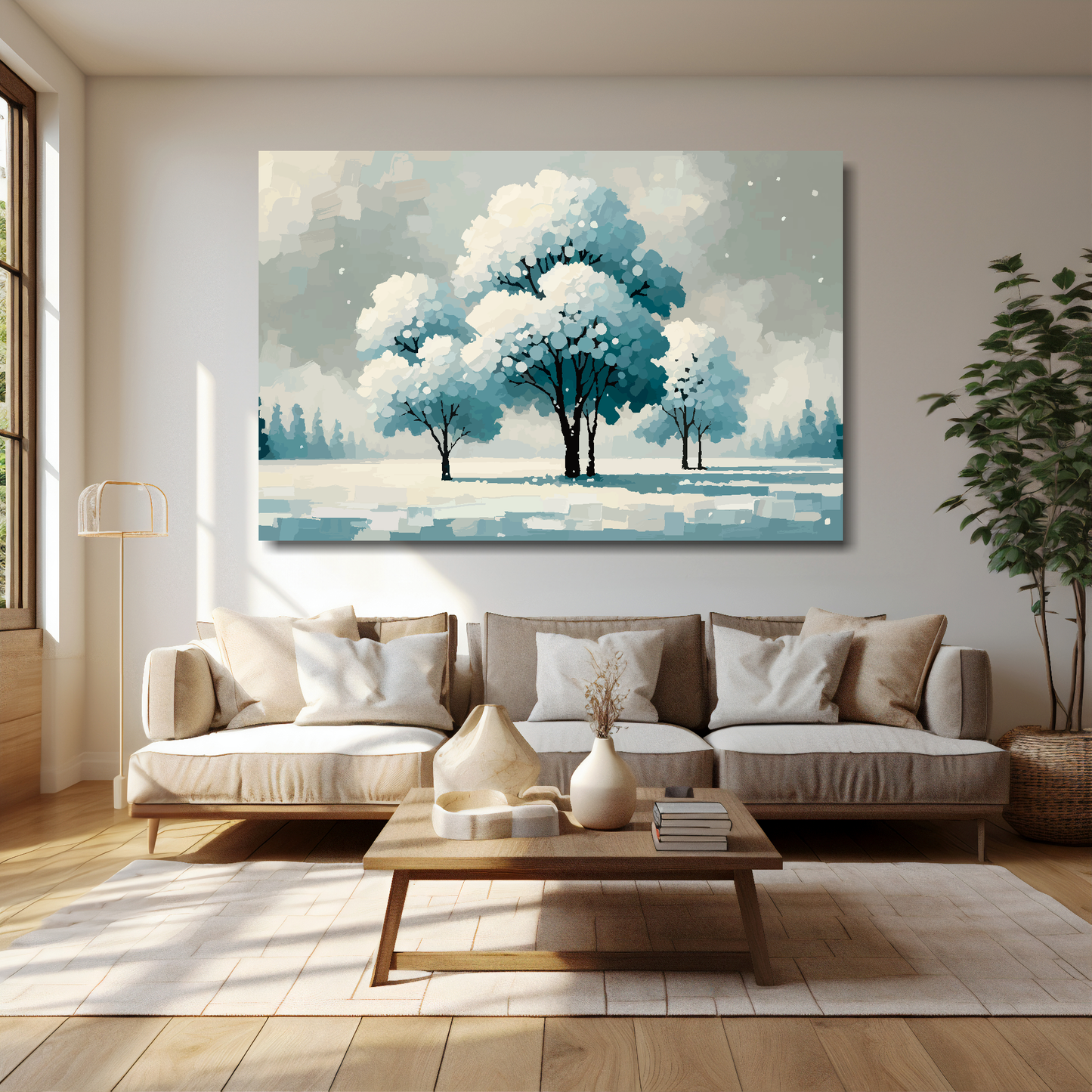 60 inch by 40 inch canvas featuring a winter landscape with snow covered trees. Mounted on a cream wall above a cream sofa with decorative pillows.