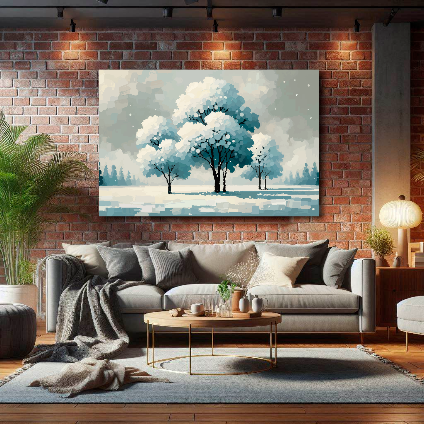 XL canvas print featuring a winter landscape with snow covered trees. Mounted on a brick wall above a grey sofa with decorative pillows.