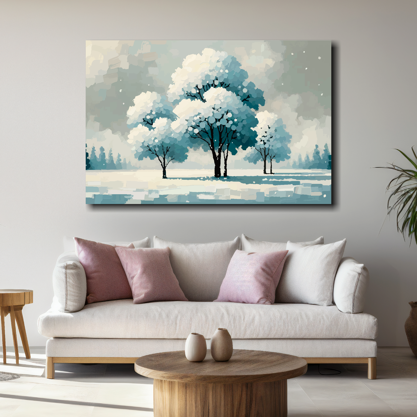 Large canvas print featuring a winter landscape with snow covered trees. Mounted on a white wall above a white sofa with decorative pillows.