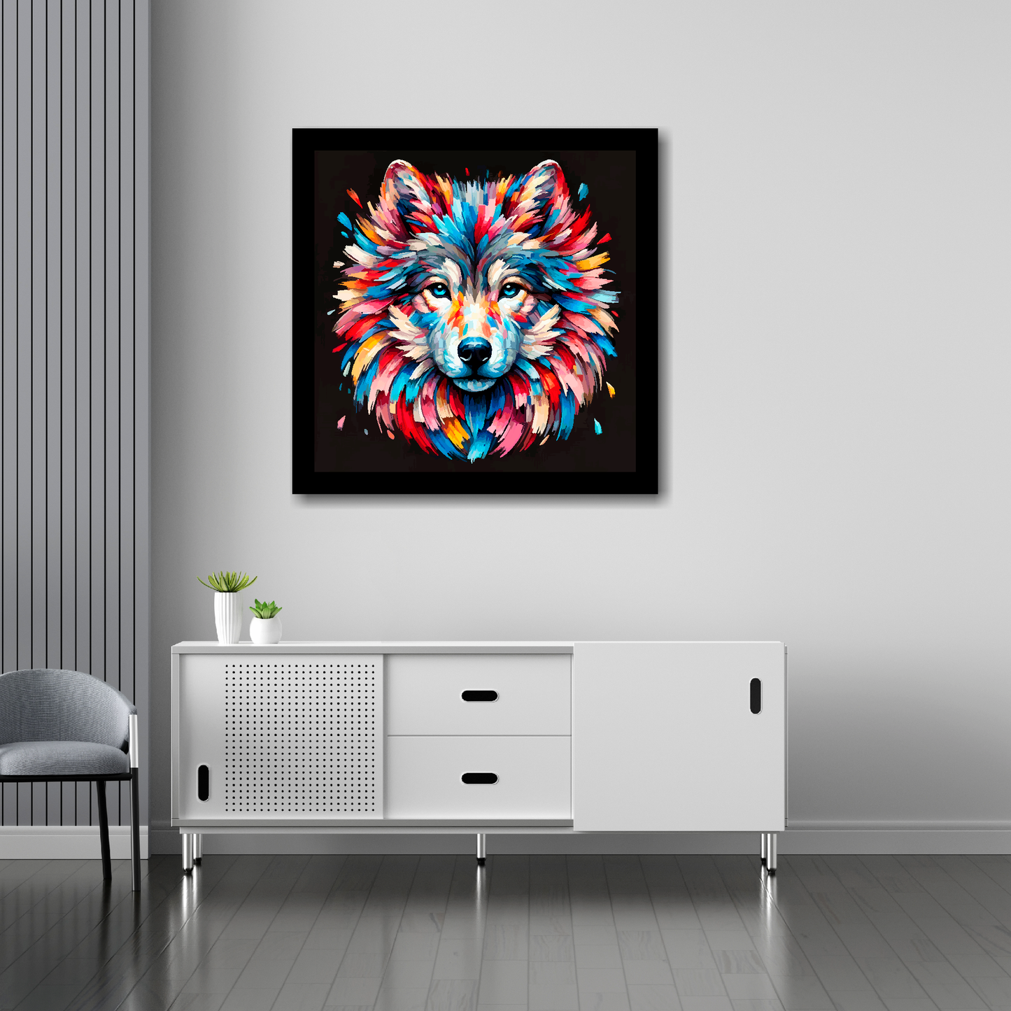 30 inch by 30 inch square canvas of a colouful Wolf head portrait on a black background. Mounted on a white wall above a white sideboard.