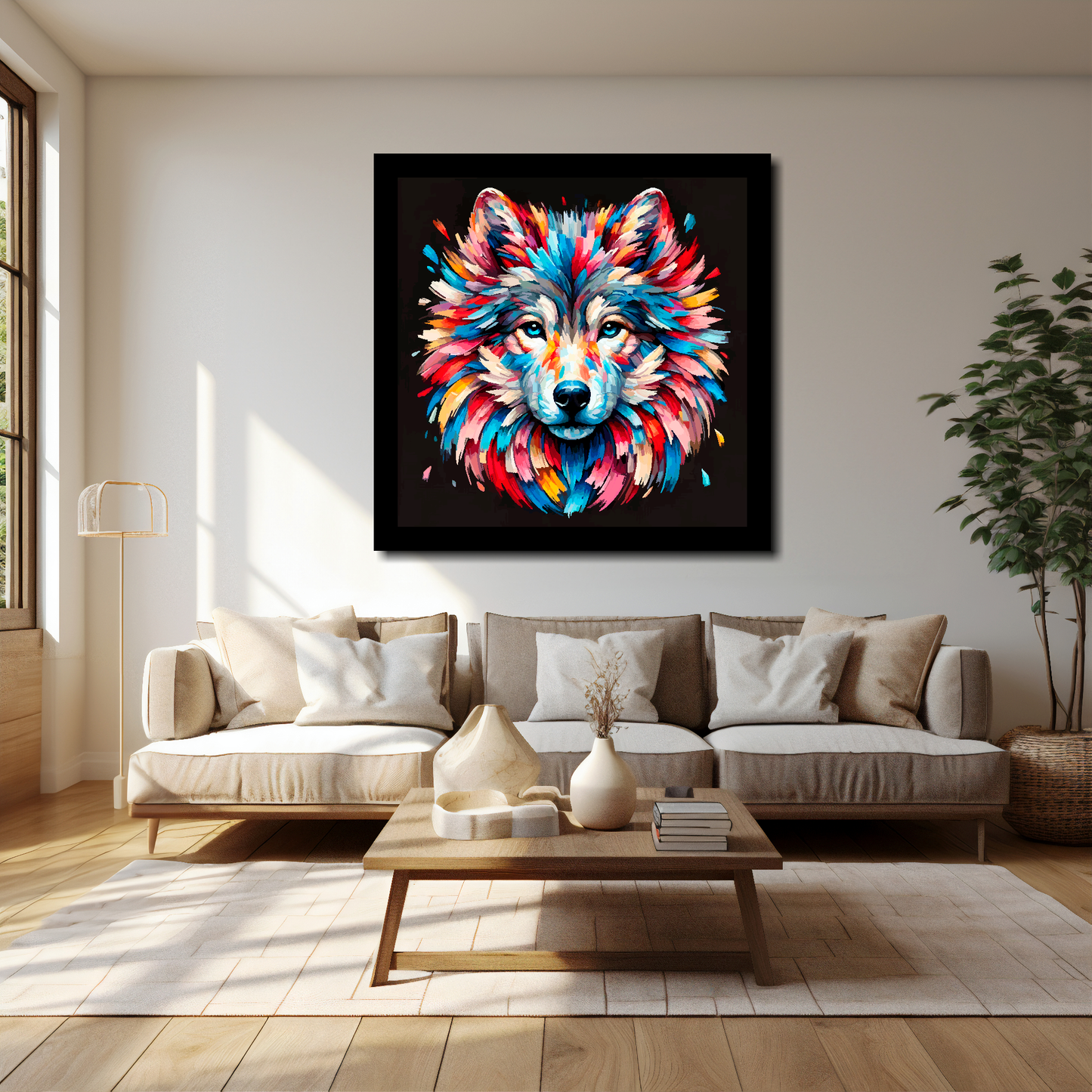 40 inch by 40 inch square canvas of a colouful Wolf head portrait on a black background. Mounted on a white wall above a white sofa with decorative pillows.