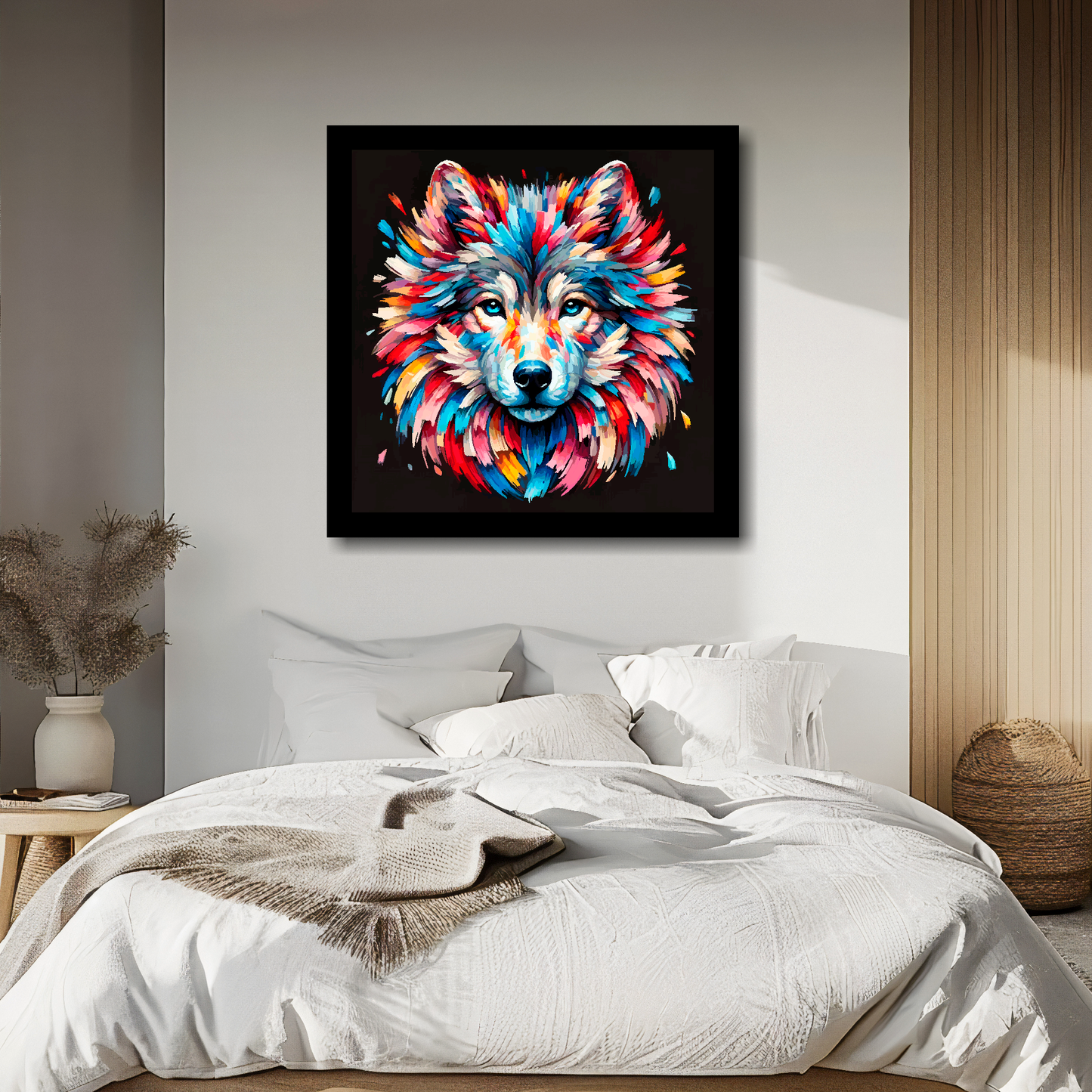 Large canvas wall art - A vibrant multi-coloured head portrait of a Wolf. Available in 3 large sizes.