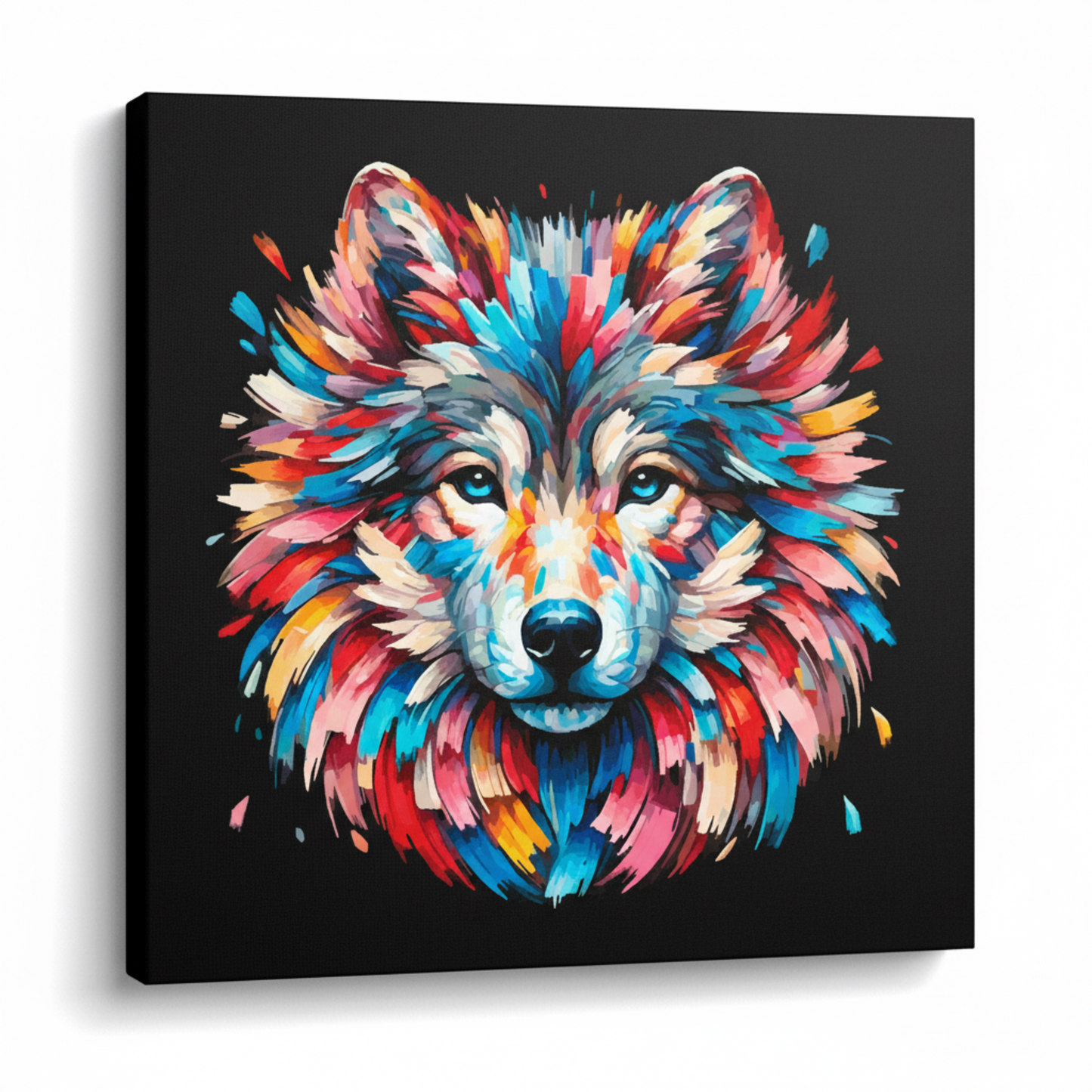 Colourful Wolf wildlife portrait canvas print - UK made abstract animal wall art black background