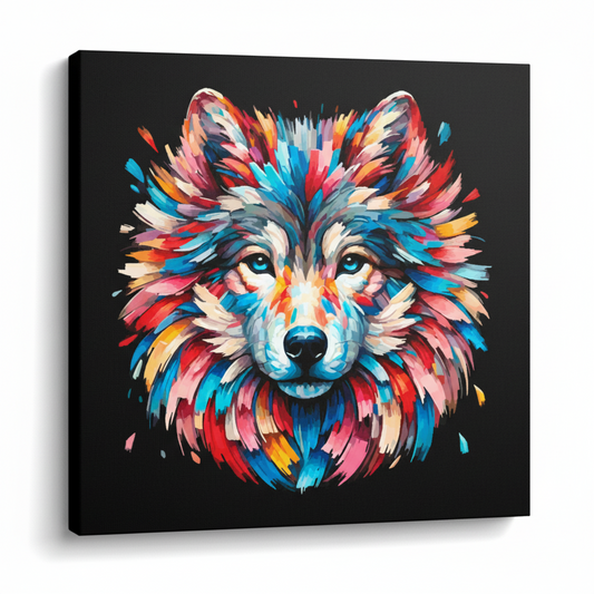 Colourful Wolf wildlife portrait canvas print - UK made abstract animal wall art black background