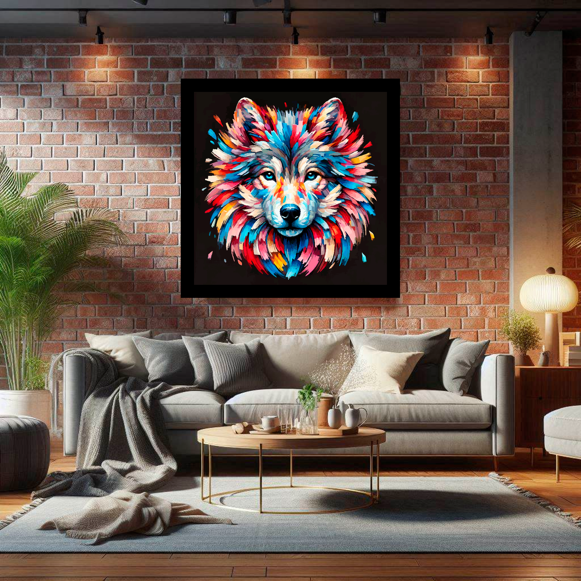 Large canvas wall art - A vibrant multi-coloured head portrait of a Wolf. Available in 3 large sizes.