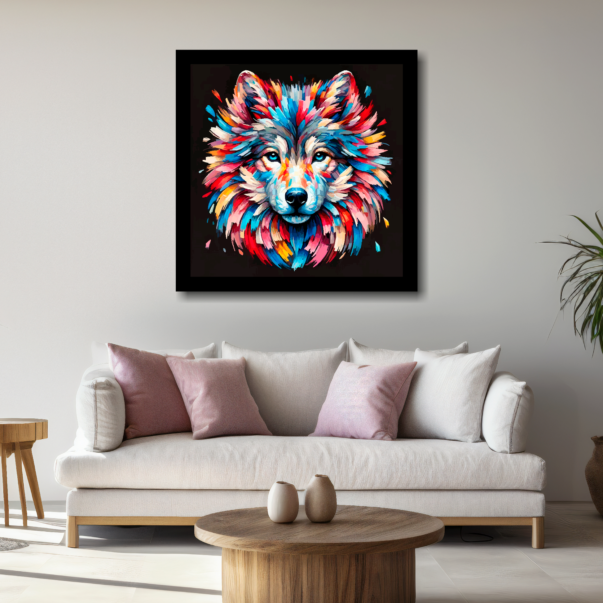 Large canvas wall art - A vibrant multi-coloured head portrait of a Wolf. Available in 3 large sizes.