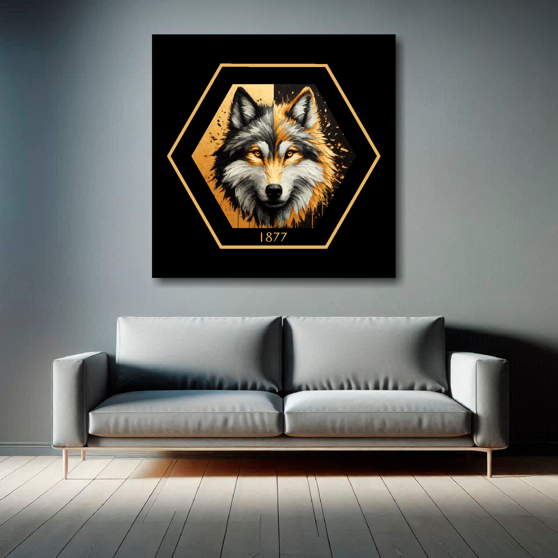 Wolverhampton Wanderers inspired canvas art. A black and gold wolf head painting sits in the middle of a hexagnal badge shape with 1877 at the bottom on a black background. Mounted on a grey wall above a grey sofa.