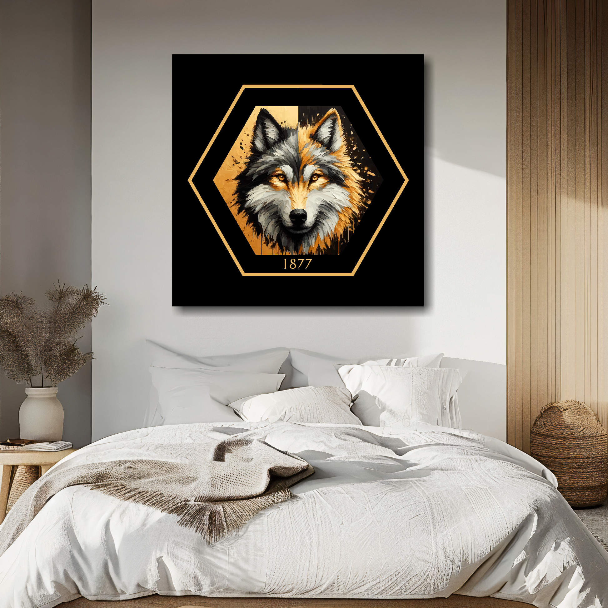 Wolverhampton Wanderers inspired canvas art. A black and gold wolf head painting sits in the middle of a hexagnal badge shape with 1877 at the bottom on a black background. Mounted on a cream bedroom wall above a bed.