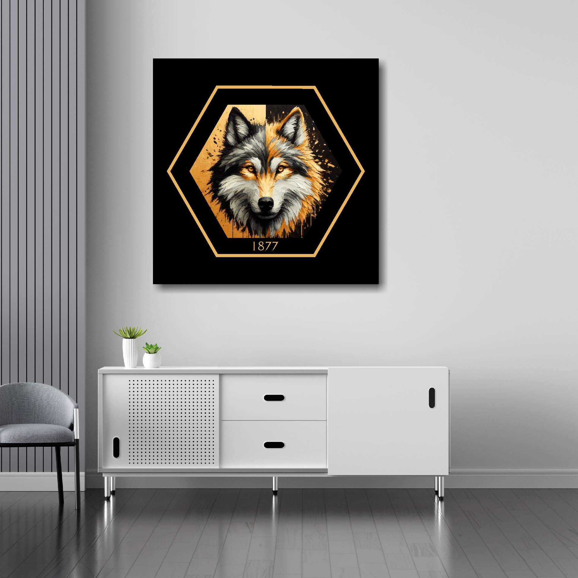 Wolves inspired canvas 30x30 inches above sideboard - large colourful UK football art made in Britain