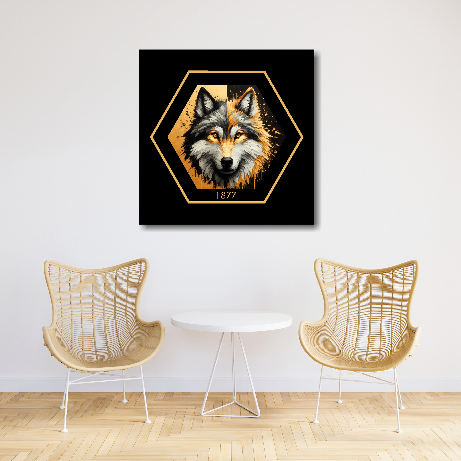 Wolverhampton Wanderers inspired canvas art. A black and gold wolf head painting sits in the middle of a hexagnal badge shape with 1877 at the bottom on a black background. Mounted on a white plasterered wall above a two chairs and a table.
