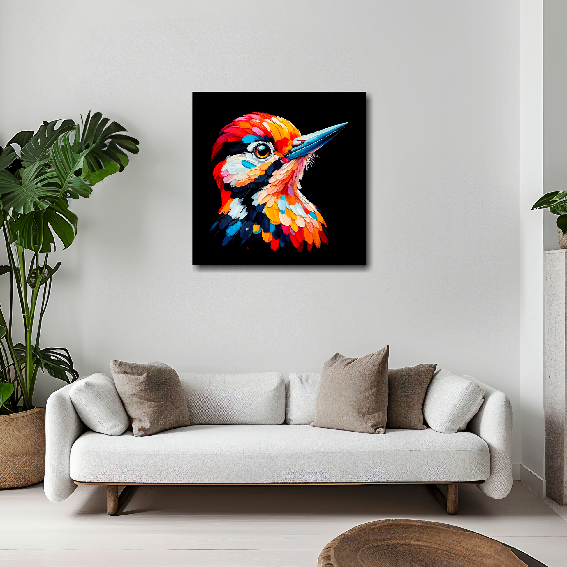20 inch by 20 inch square canvas of a colourful Woodpecker portrait on a black background. Mounted on a white wall above a white sofa with decorative pillows.