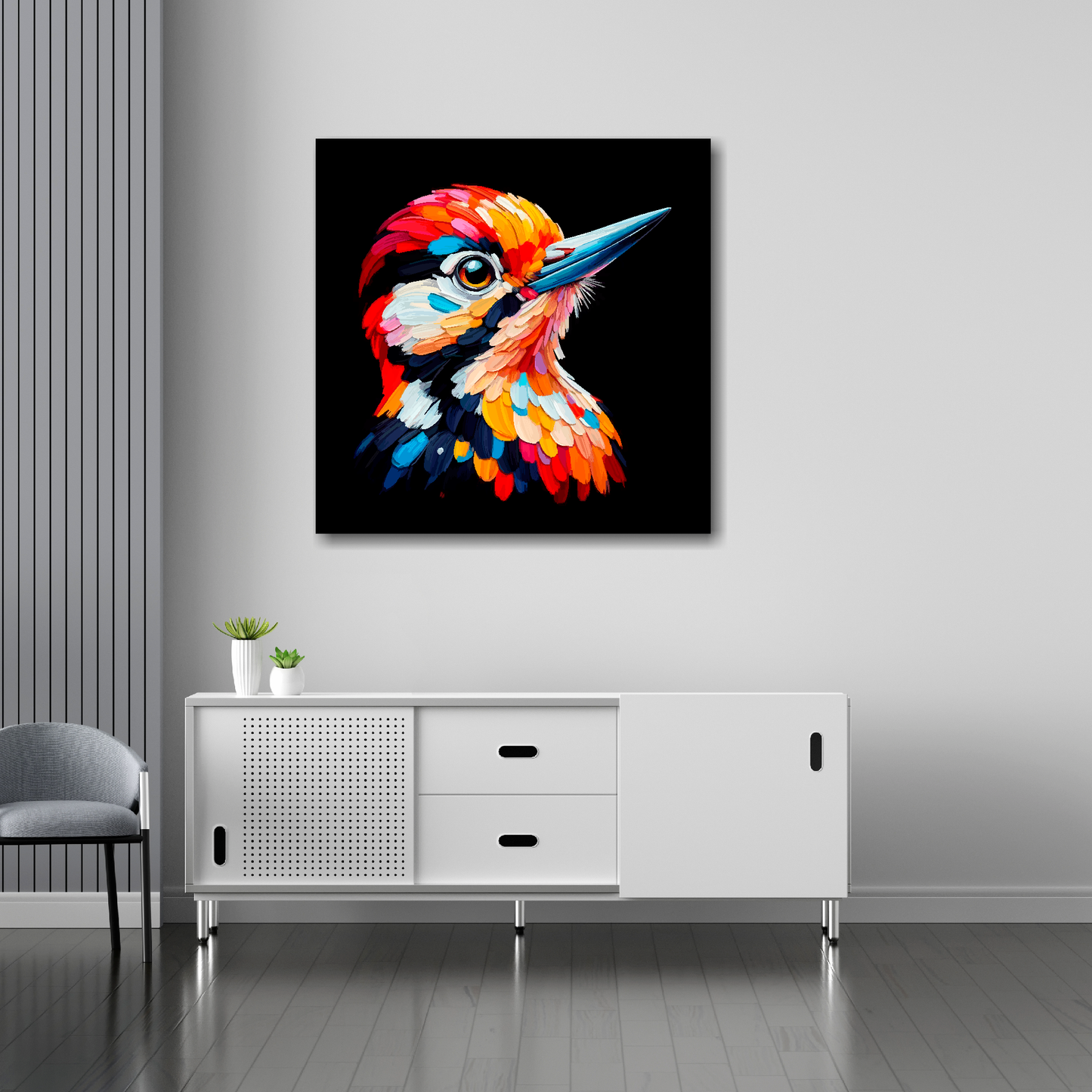 30 inch by 30 inch square canvas of a colourful Woodpecker portrait on a black background. Mounted on a white wall above a white sideboard.