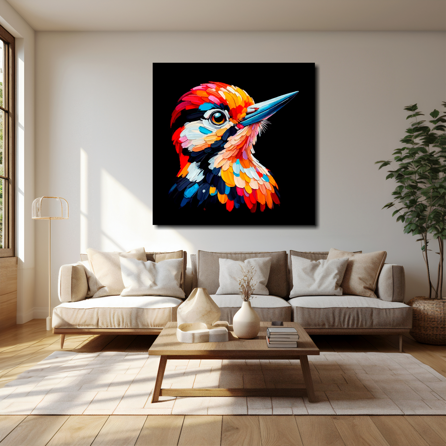 40 inch by 40 inch square canvas of a colourful Woodpecker portrait on a black background. Mounted on a white wall above a cream sofa with decorative pillows.