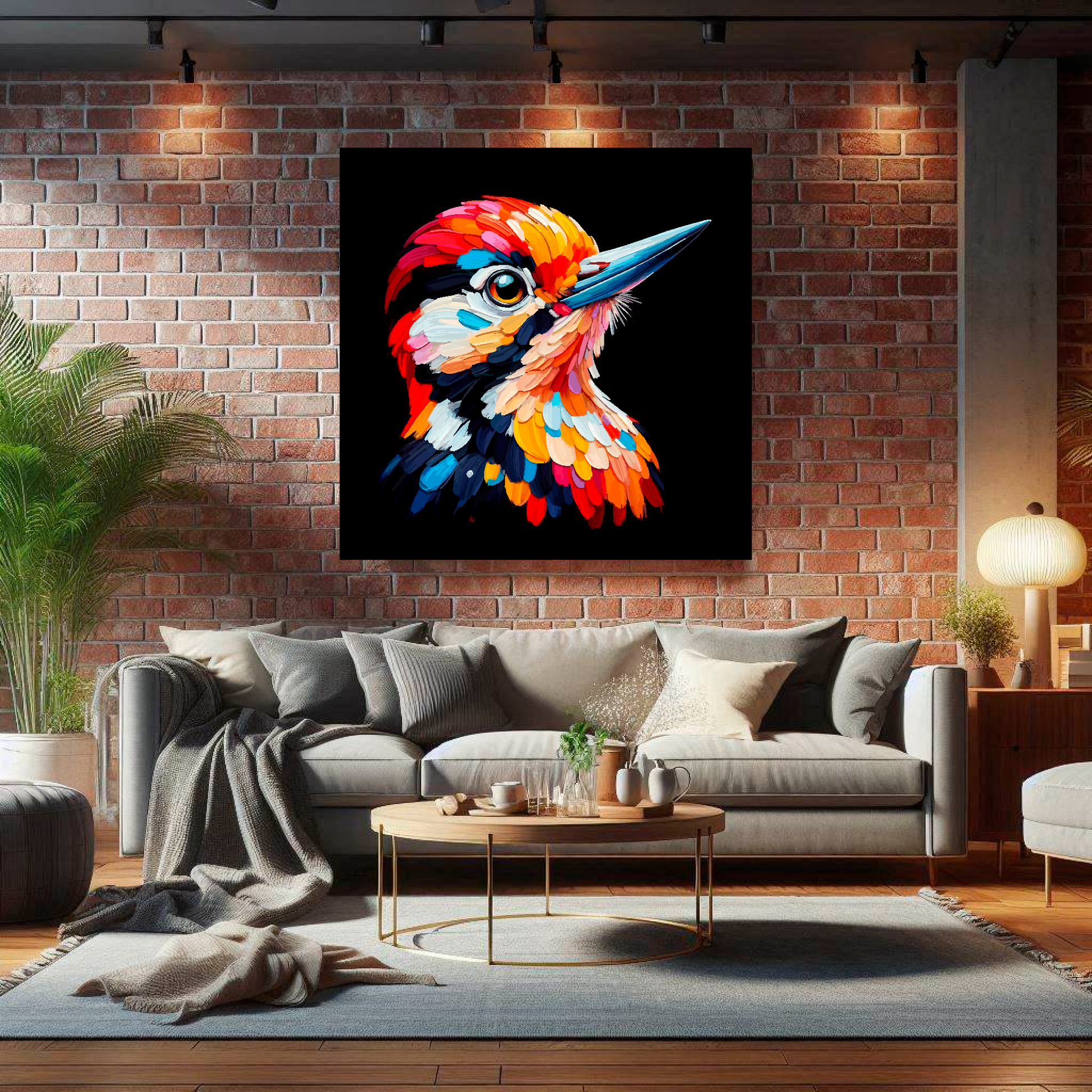 Large canvas wall art - A vibrant multi-coloured head portrait of a Woodpecker. Available in 3 large sizes.