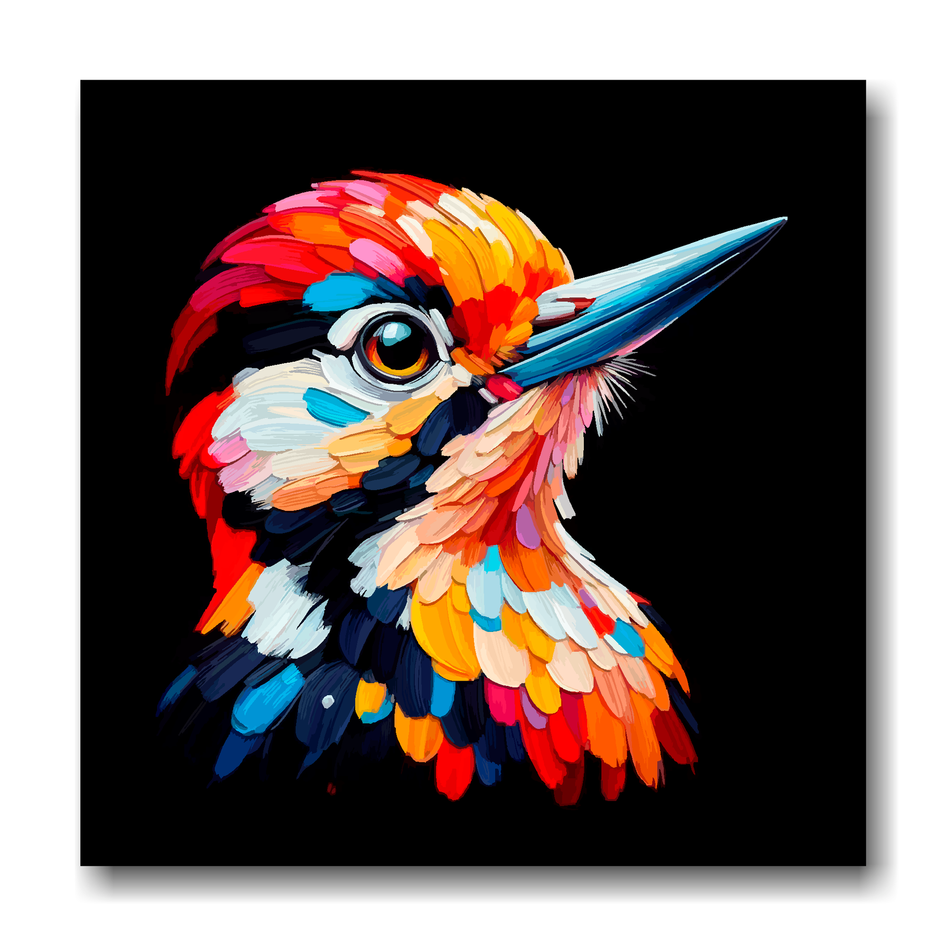 Large canvas wall art - A vibrant multi-coloured head portrait of a Woodpecker. Available in 3 large sizes.