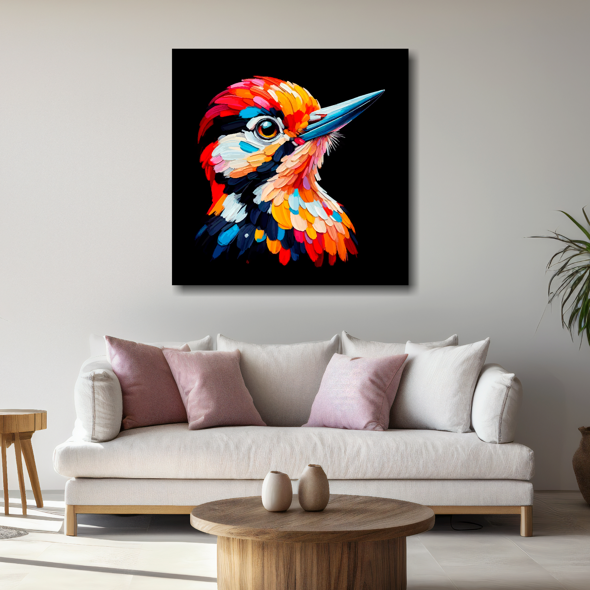 Large canvas wall art - A vibrant multi-coloured head portrait of a Woodpecker. Available in 3 large sizes.