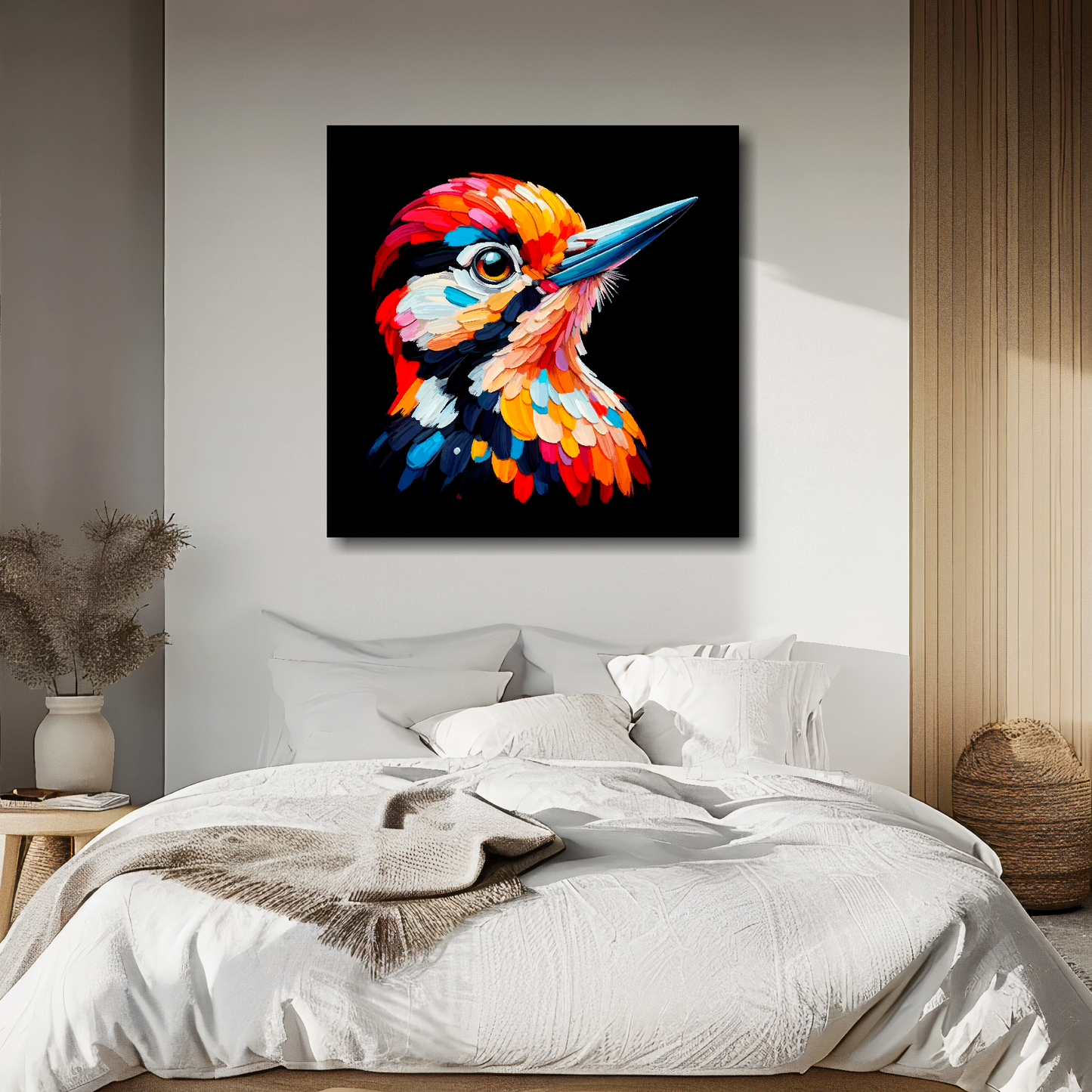 Large canvas wall art - A vibrant multi-coloured head portrait of a Woodpecker. Available in 3 large sizes.