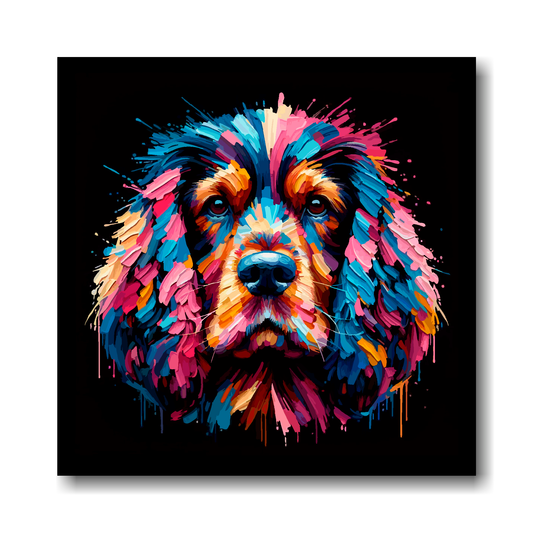 Colorful abstract painting of a Cocker Spaniel dog's face on a black background.