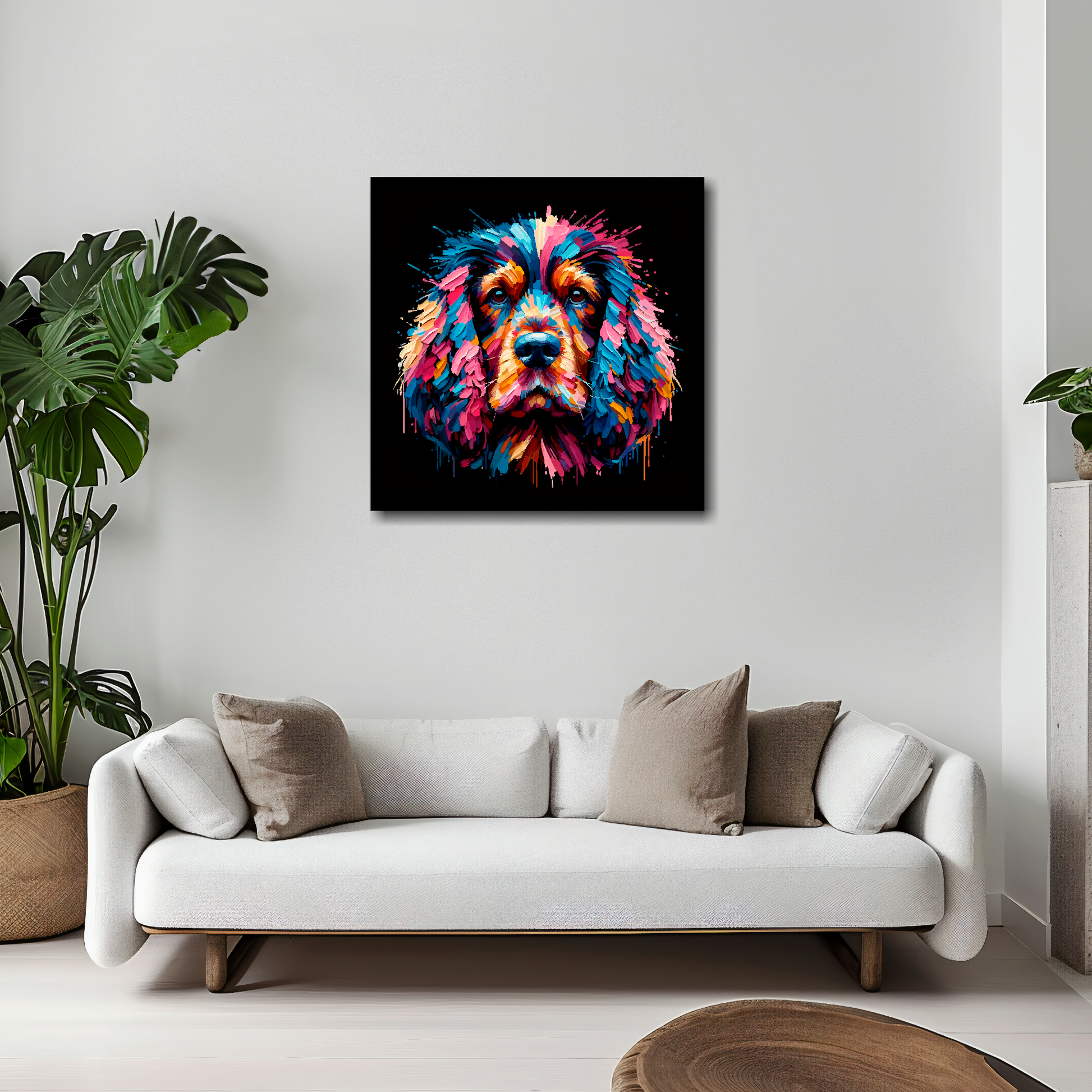 20 inch by 20 inch square canvas featuring a multi-coloured Cocker Spaniel dog portrait. Mounted on a white wall above a white sofa with decorative pillows.