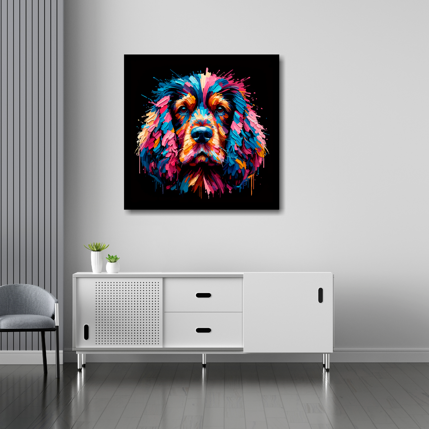 30 inch by 30 inch square canvas featuring a multi-coloured Cocker Spaniel dog portrait. Mounted on a white wall above a white sideboard.