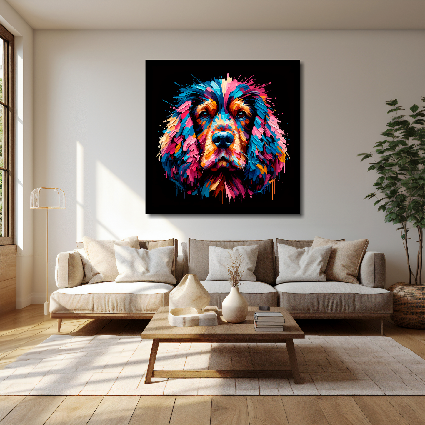 40 inch by 40 inch square canvas featuring a multi-coloured Cocker Spaniel dog portrait. Mounted on a cream wall above a cream sofa with decorative pillows.