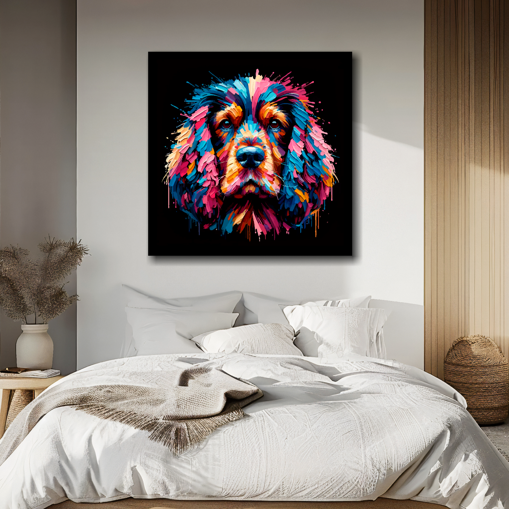 Square canvas featuring a multi-coloured Cocker Spaniel dog portrait. Mounted on a white wall above a double Bed.