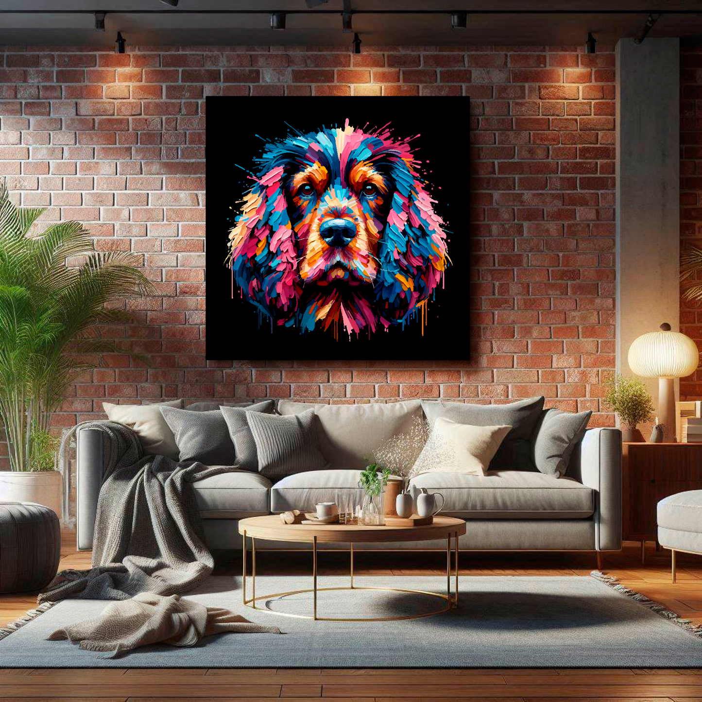 XL canvas featuring a multi-coloured Cocker Spaniel dog portrait. Mounted on a brick wall above a grey sofa with decorative pillows.