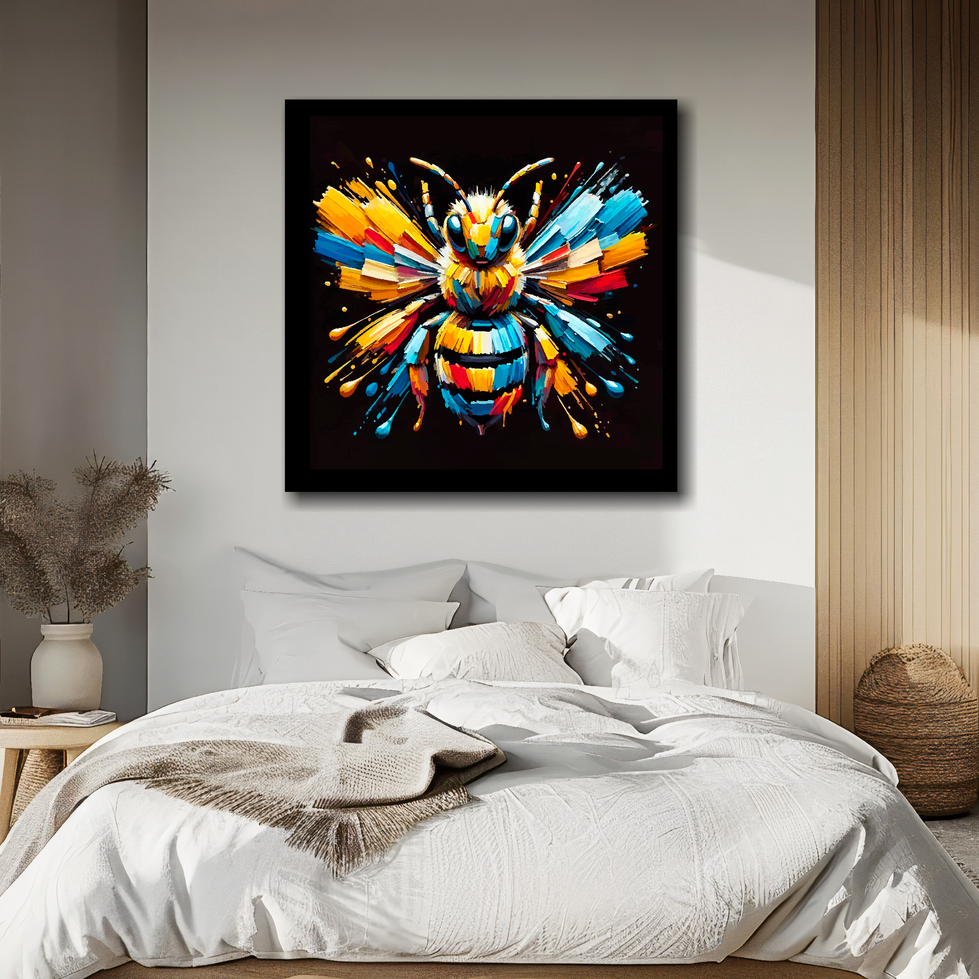 Large canvas wall art - Colourful Bumble Bee portrait on a black background. Available in 3 large sizes.