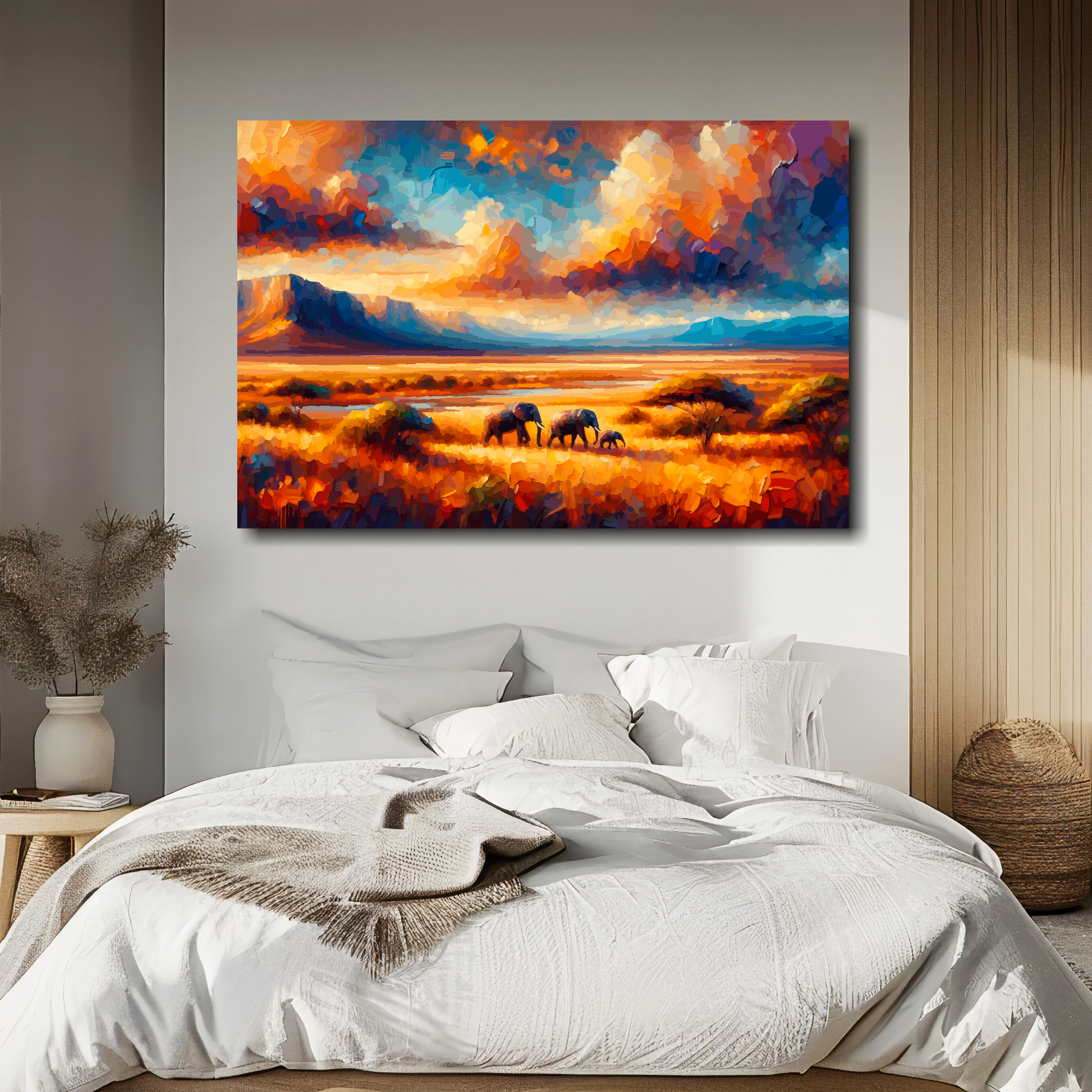 Large canvas wall art - A multi-coloured abstract landscape of the African Plains. Available in 3 large sizes.
