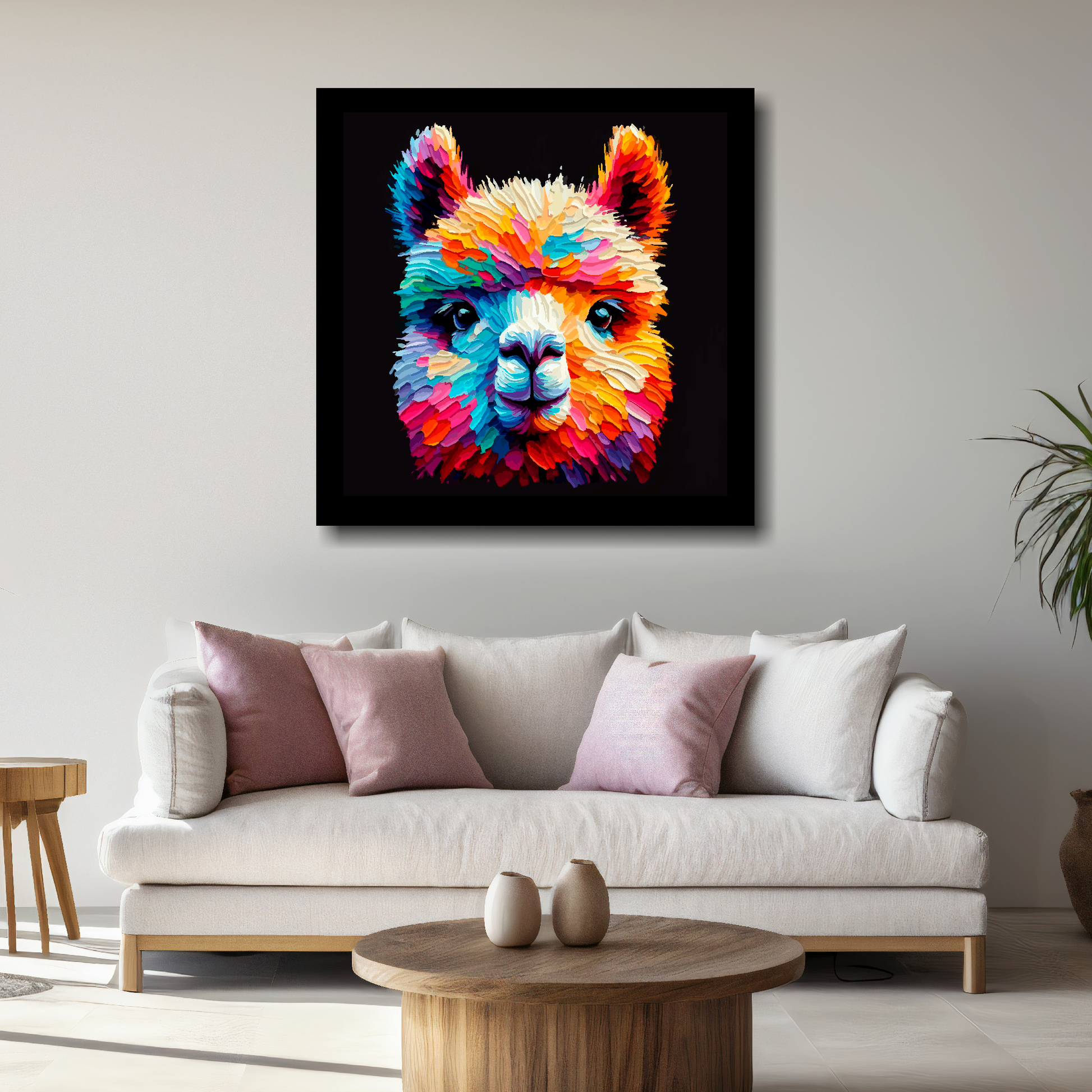 Large canvas wall art - Colourful Alpaca portrait on a black background. Available in 3 large sizes.