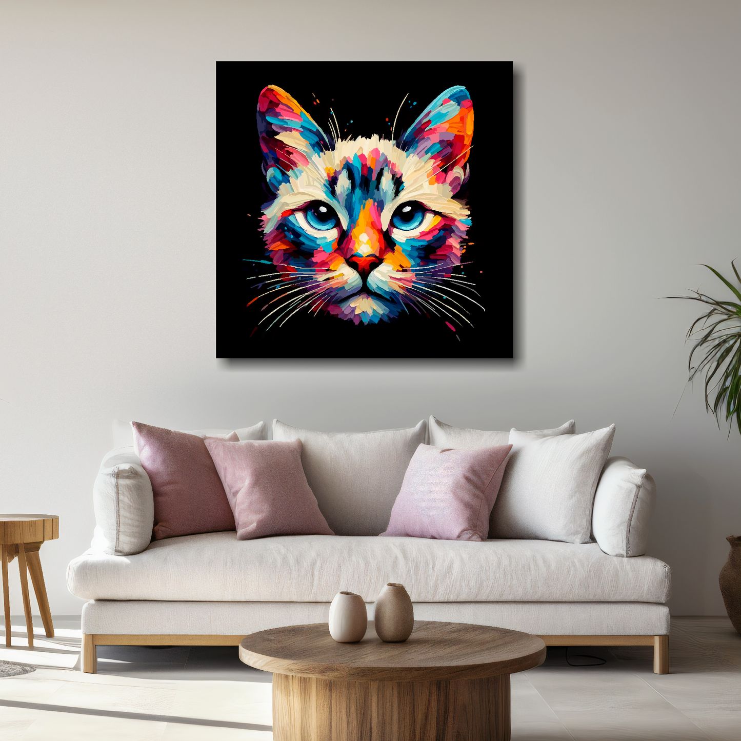 Large canvas wall art - A vibrant multi-coloured head portrait of a Asian Cat. Available in 3 large sizes.