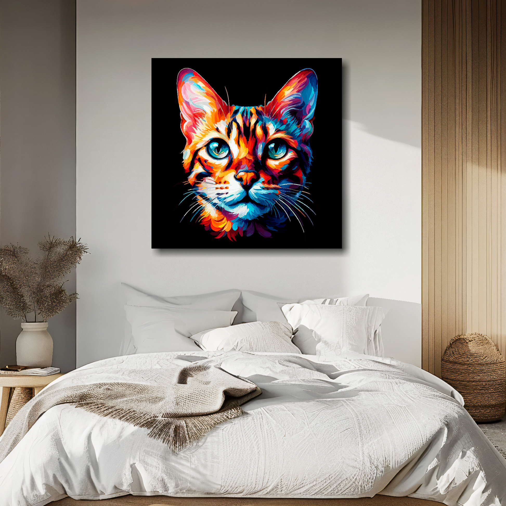 Large canvas wall art - A vibrant multi-coloured head portrait of a Bengal Cat. Available in 3 large sizes.