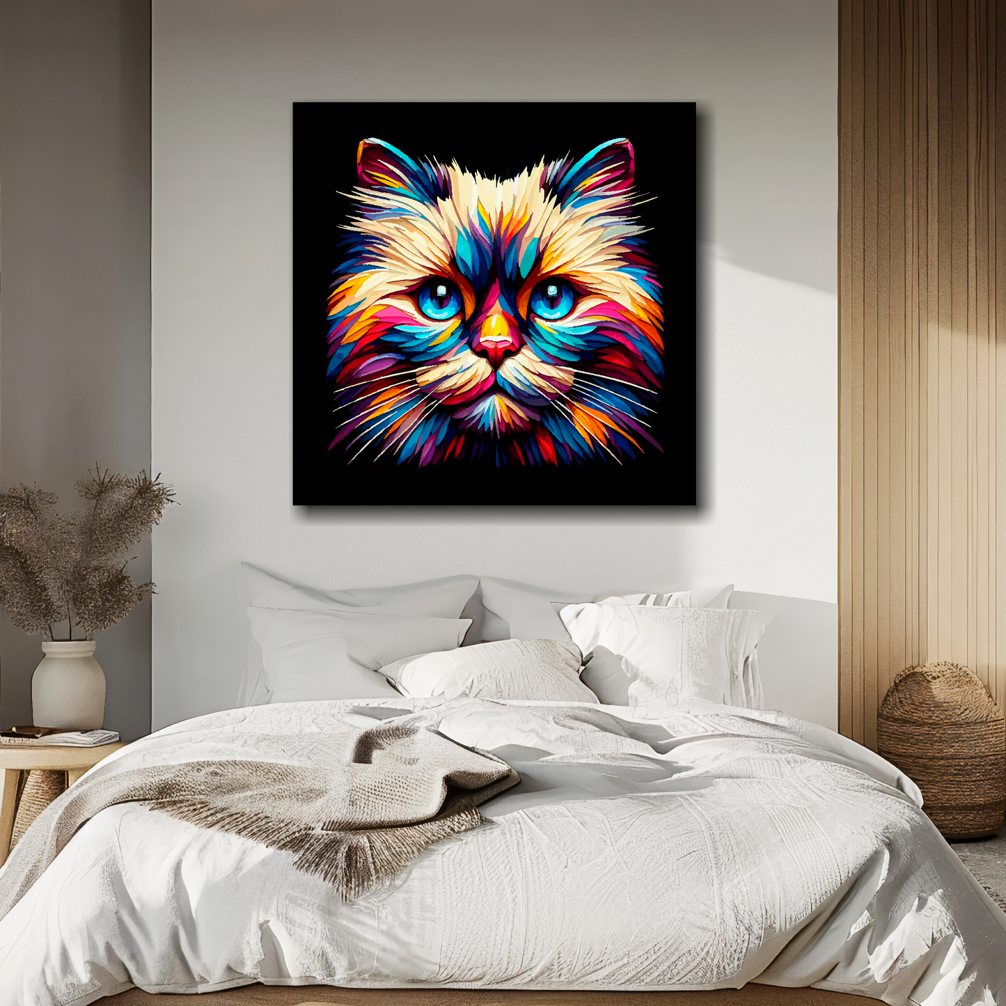 Large canvas wall art - A vibrant multi-coloured head portrait of a Birman Cat. Available in 3 large sizes.