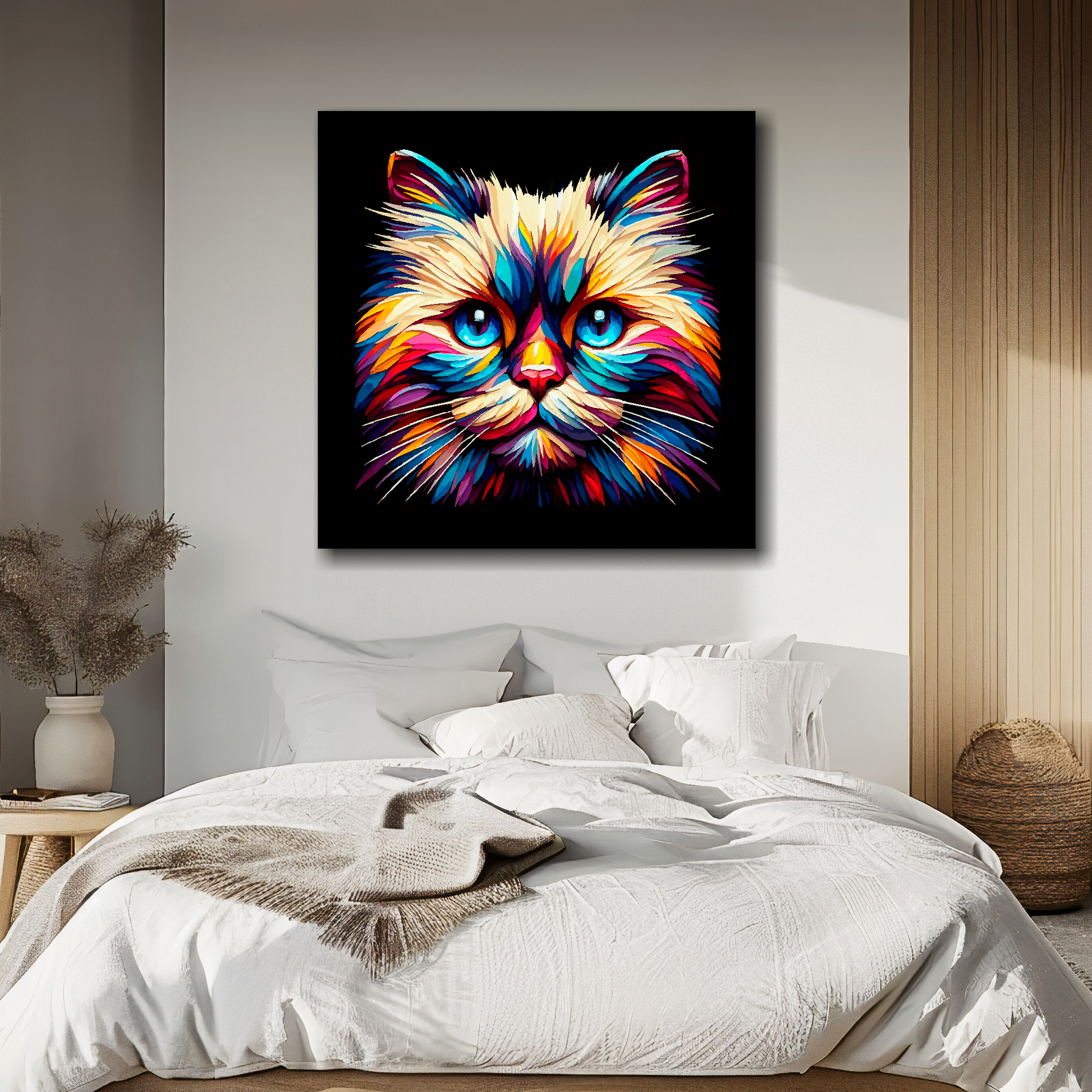 Large canvas wall art - A vibrant multi-coloured head portrait of a Birman Cat. Available in 3 large sizes.