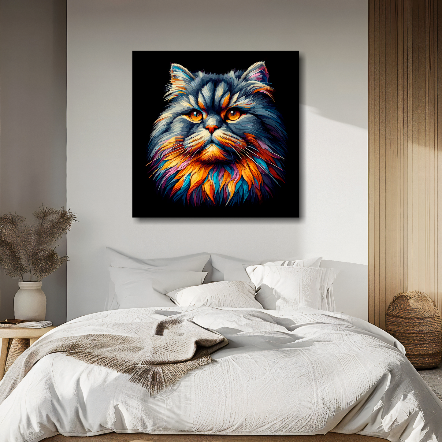Large canvas wall art - A vibrant multi-coloured head portrait of a British Longhair Cat. Available in 3 large sizes.