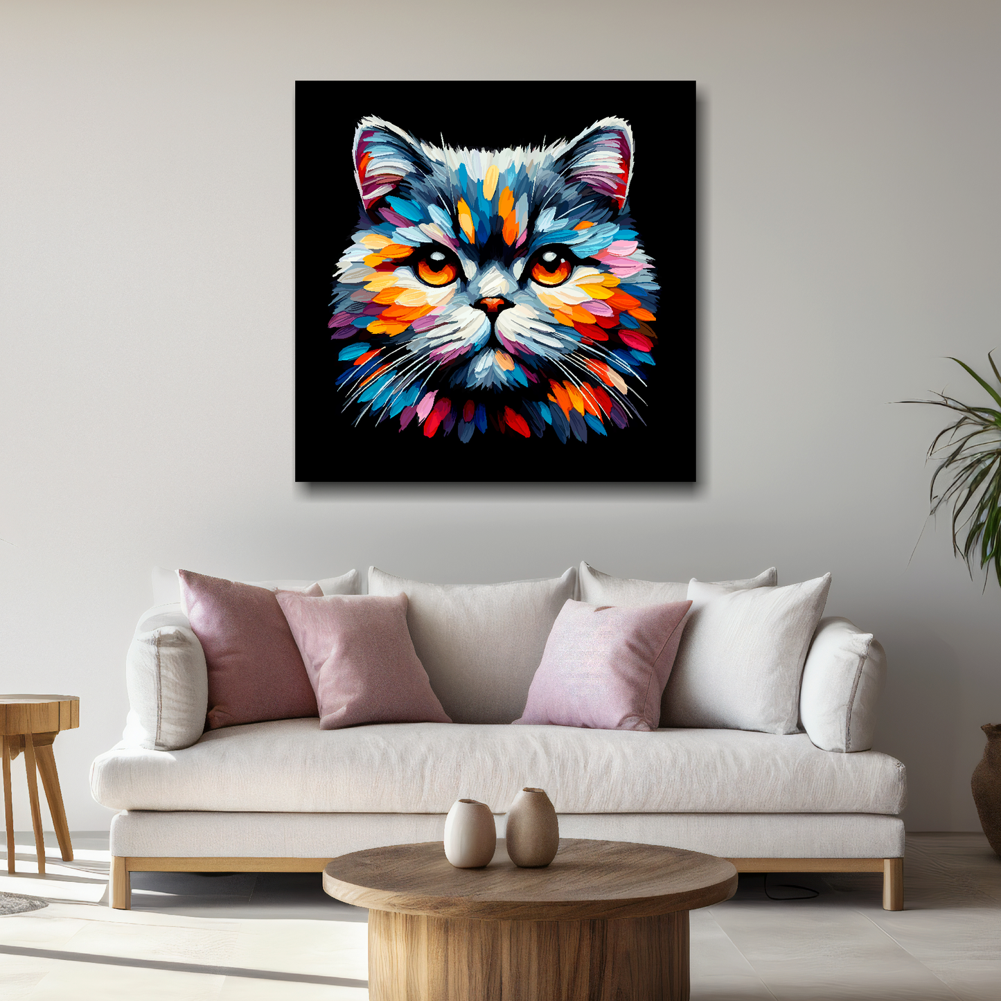 Large canvas wall art - A vibrant multi-coloured head portrait of a British Shorthair Cat. Available in 3 large sizes.