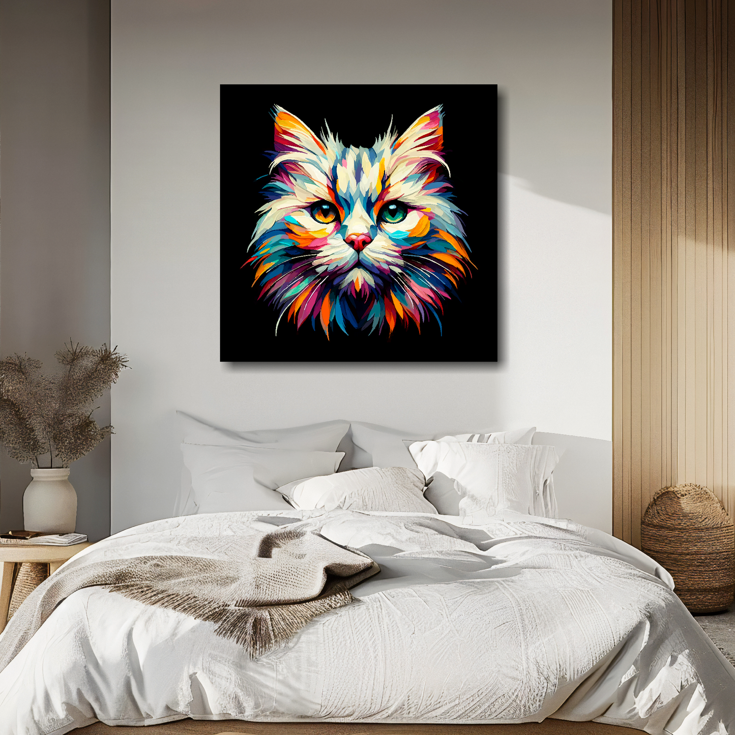Large canvas wall art - A vibrant multi-coloured head portrait of a Burmilla Cat. Available in 3 large sizes.