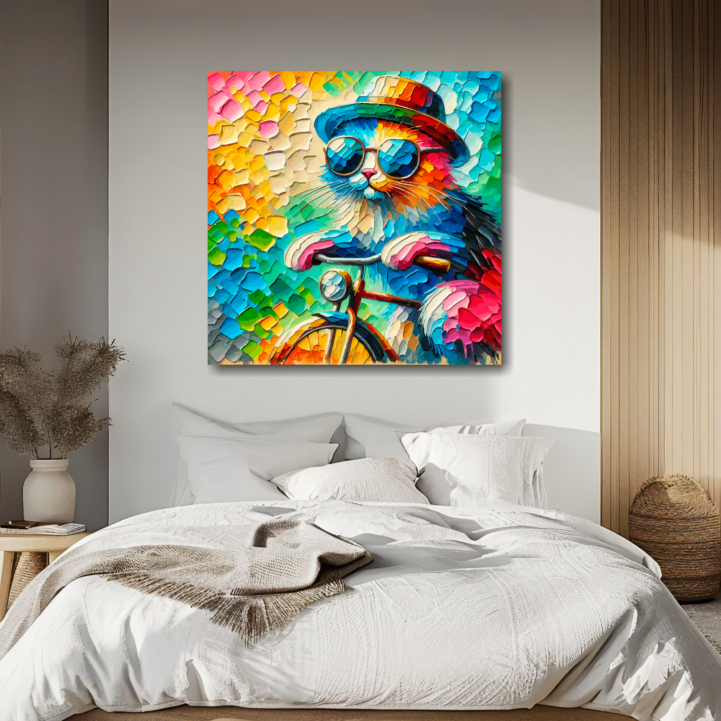 Large canvas wall art - A vibrant multi-coloured painting of a cool Cat Riding a bicycle. Available in 3 large sizes.
