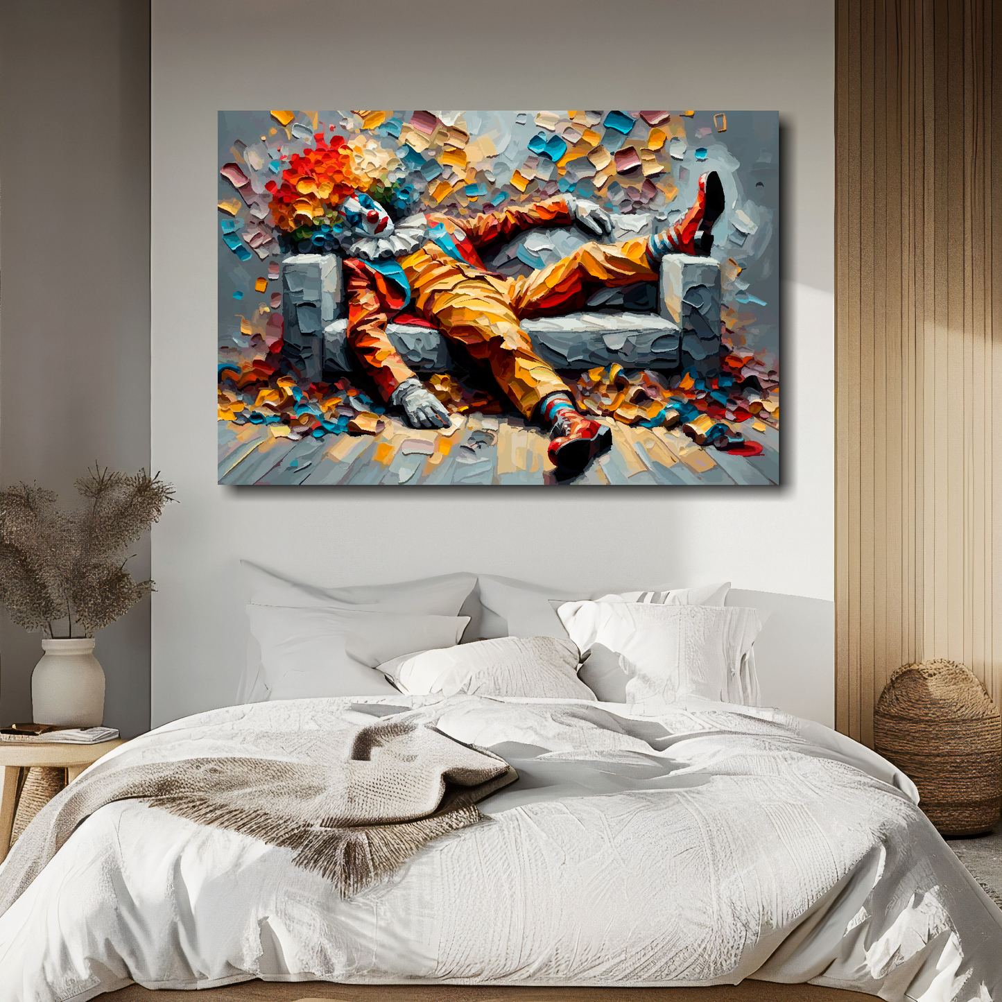Large canvas wall art - A vibrant multi-coloured portrait of a tired clown on a sofa. Available in 3 large sizes.