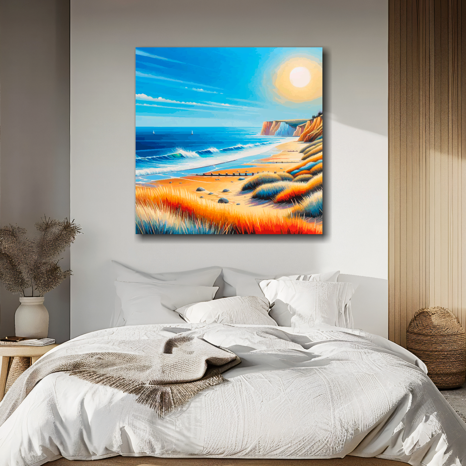 Large canvas wall art - A vibrant multi-coloured Norfolk beach landscape. Available in 3 large sizes.