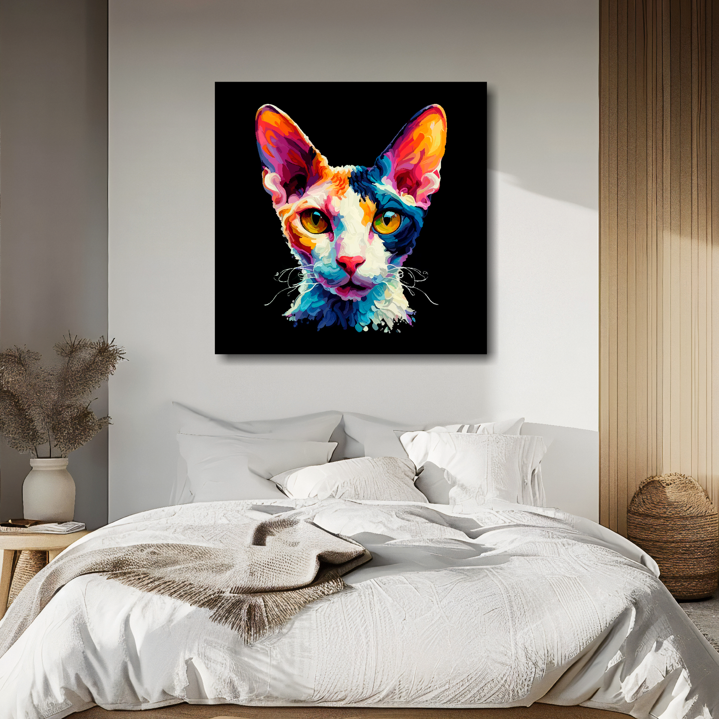 Large canvas wall art - A vibrant multi-coloured head portrait of a Cornish Rex Cat. Available in 3 large sizes.