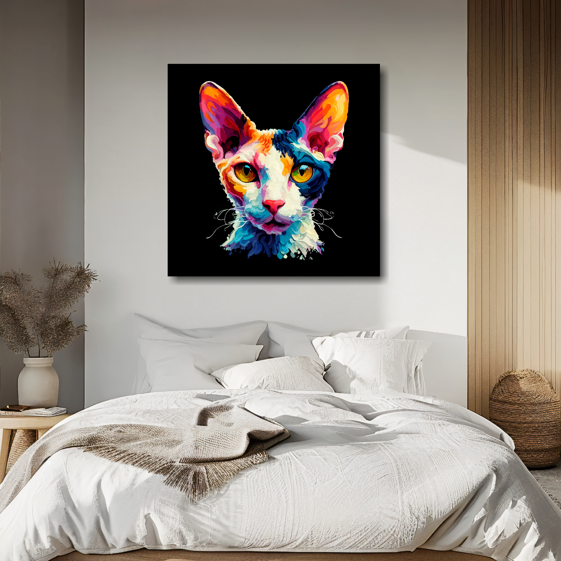 Large canvas wall art - A vibrant multi-coloured head portrait of a Cornish Rex Cat. Available in 3 large sizes.
