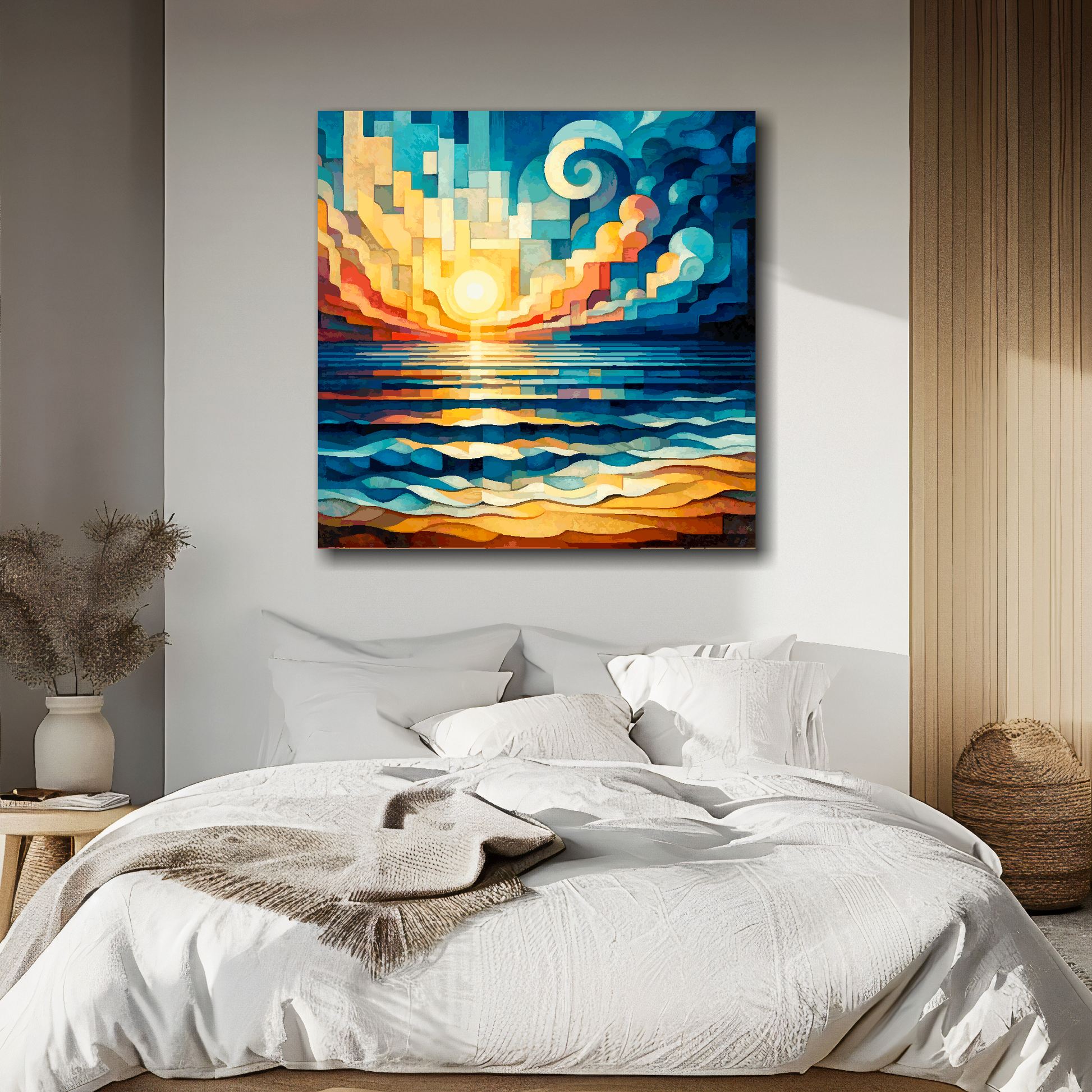 Large canvas wall art - Vibrant abstract cubism sunrise beach scene, moody vibes, Available in 3 large sizes.